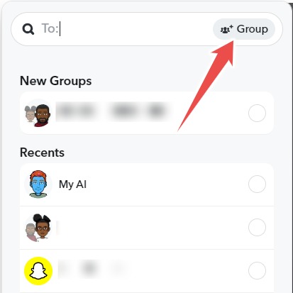 Clicking on "Group" in pop-up window in Snapchat for web. 