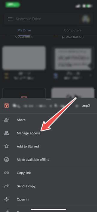 The Manage Access Option Of An Audio File In The Google Drive App