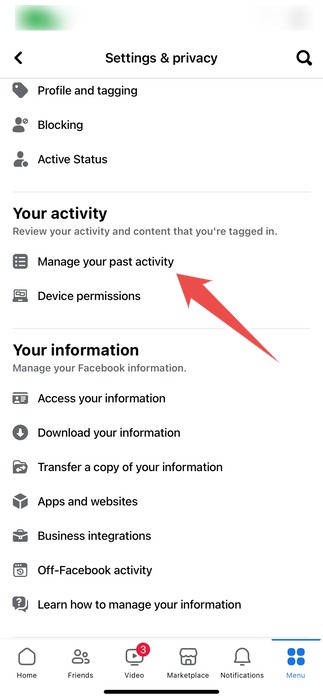 The Manage Your Past Activity Option In The Settings And Privacy Page In The Facebook App On Iphone