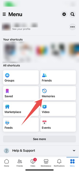 The Memories Button In The Menu Page In The Facebook App On Iphone