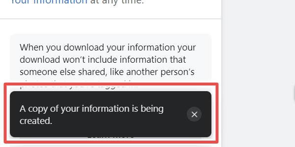 The Message That Facebook Is Creating A Copy Of Your Profile Information