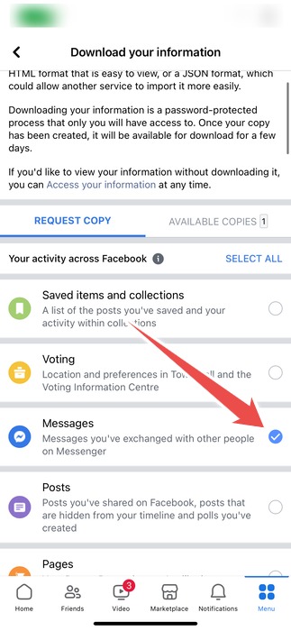 The Messages Checkbox In The Download Your Information Page In The Facebook App On Iphone