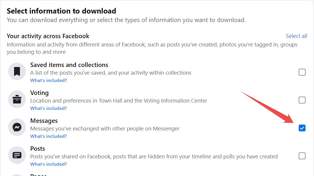 The Messages Checkbox Ticked When Downloading Profile Information On The Facebook Website