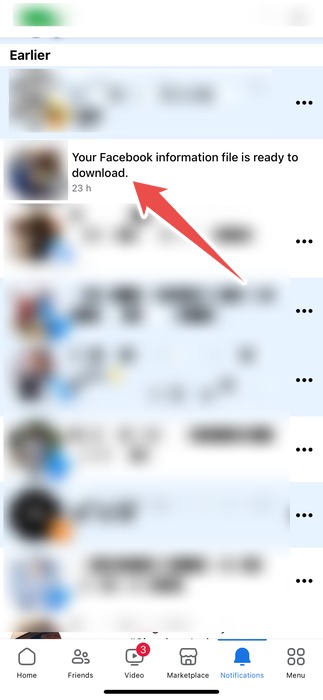 The Notification Alerting That The Facebook Information File Is Ready For Download In The Facebook App On Iphone
