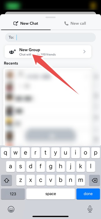 Selecting the option to create "New Group" in Snapchat app. 