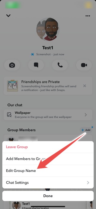 Selecting "Edit Group Name" option from pop-up menu in Snapchat app. 