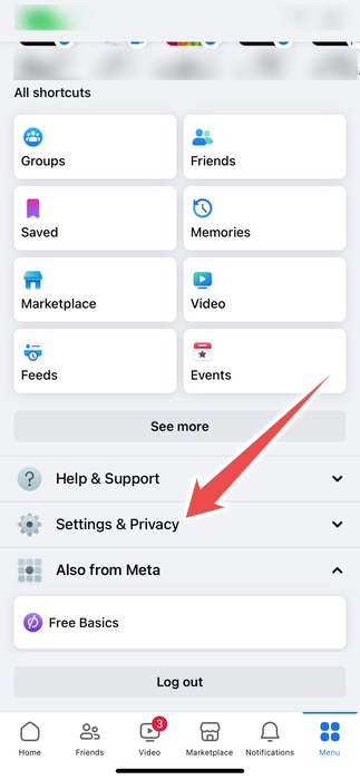 The Settings And Privacy Option In The Menu Page In The Facebook App On Iphone