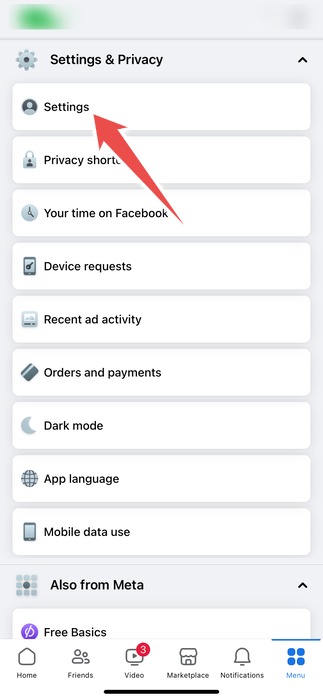 The Settings Option In The Settings And Privacy Page In The Facebook App On Iphone