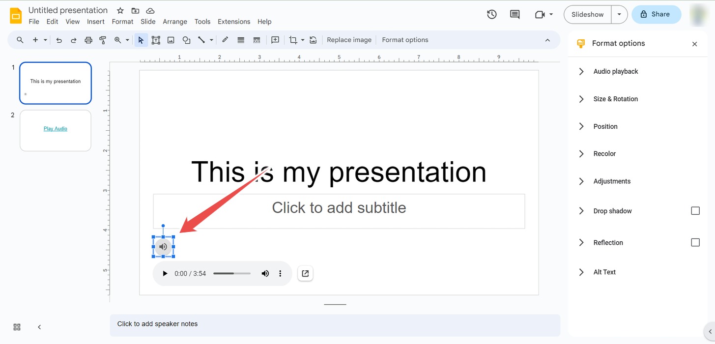The Speaker Icon After Inserting Audio In Google Slides