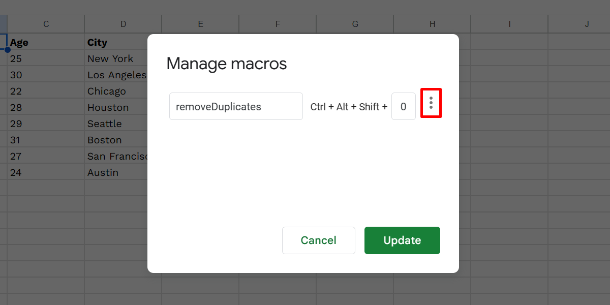 Clicking the kebab icon to view more options for a macro in Google Sheets