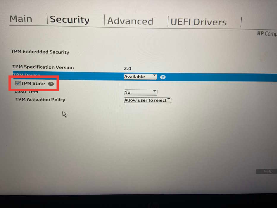 Clicking "TPM State" checkbox in UEFI BIOS.