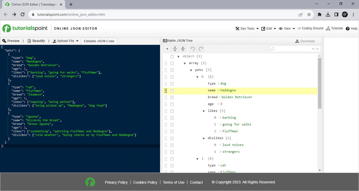 Tutorials Point Online JSON Editor view in browser.