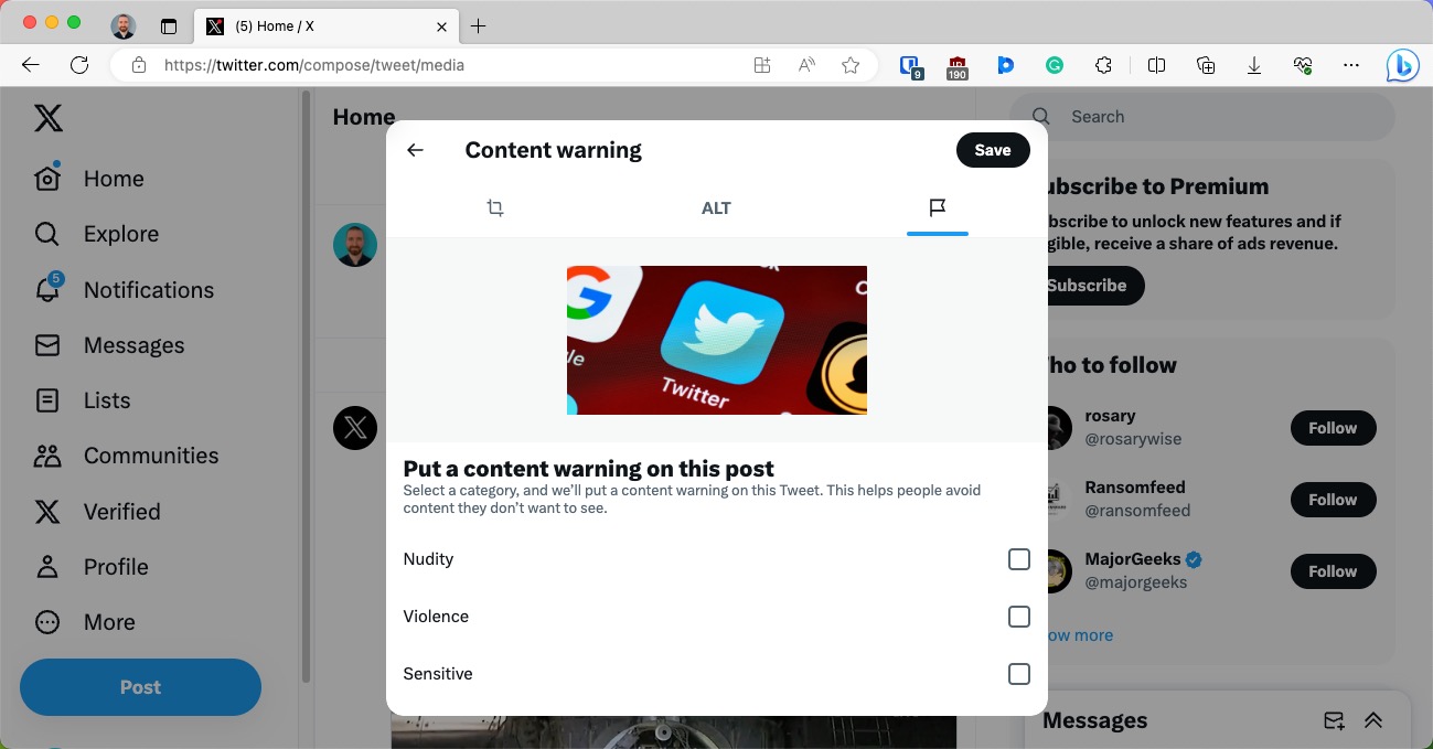 twitter content warning menu for web and mobile