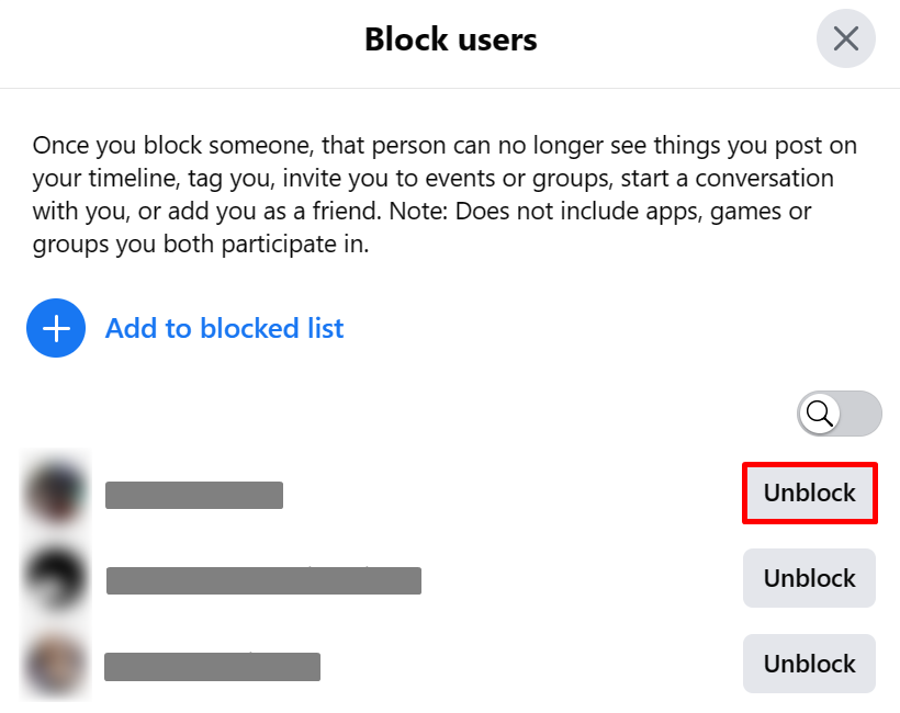 Clicking "Unblock" button in Facebook Block list in browser.