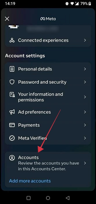 Tapping on "Accounts" at the bottom in Accounts Center in Instagram app for Android.