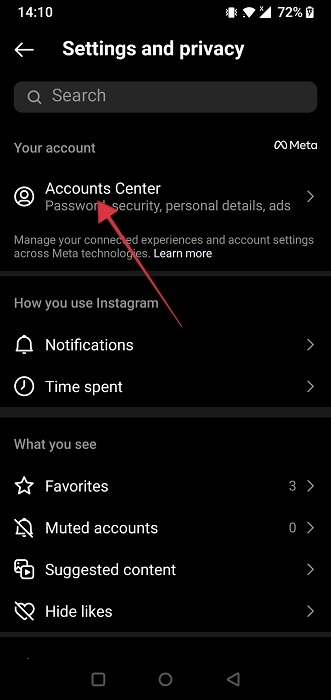 Clicking Accounts Center in Instagram app for Android. 