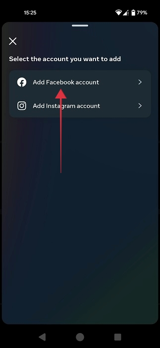 Selecting "Add Facebook account" option in Instagram app for Android.