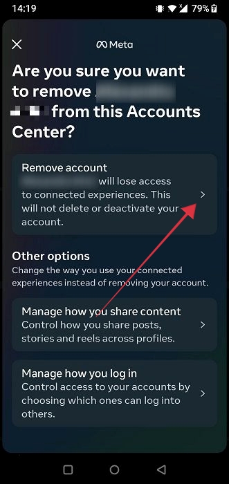 Confirm account removal in Instagram app for Android.