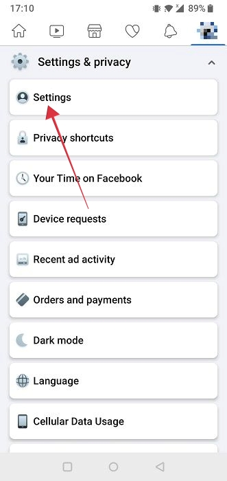 Tapping on "Settings" in Facebook app for Android. 