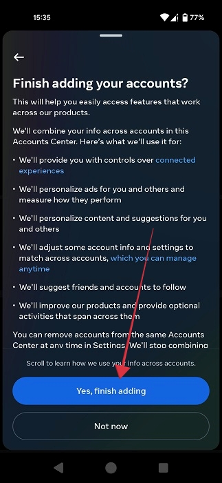Finishing adding your accounts page in Instagram app for Android.