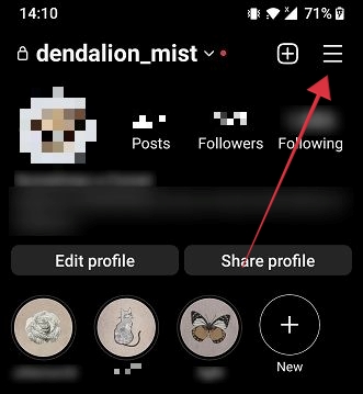 Tapping menu via profile on Instagram app for Android. 