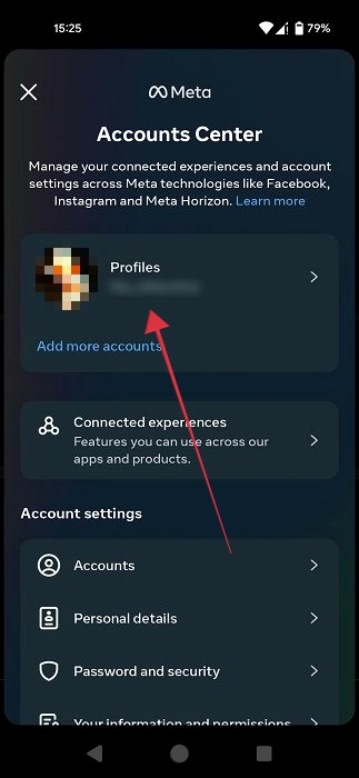 Tapping on "Profiles" under Accounts Center in Instagram app for Android.