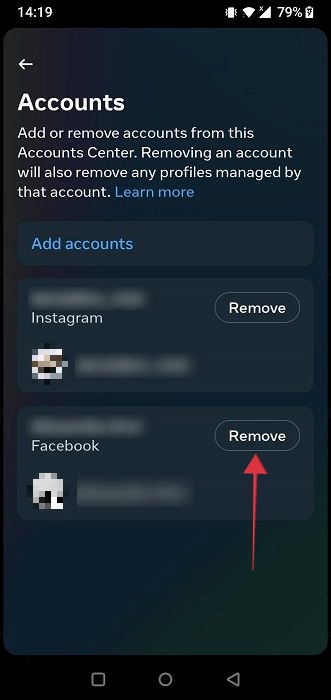 Unlink Facebook Instagram Android Remove Button