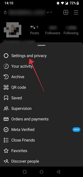 Selecting "Settings & privacy" from pop-up menu in Instagram app for Android. 