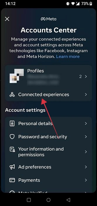 Clicking on "Connected experiences" in Accounts Center in Instagram app for Android.