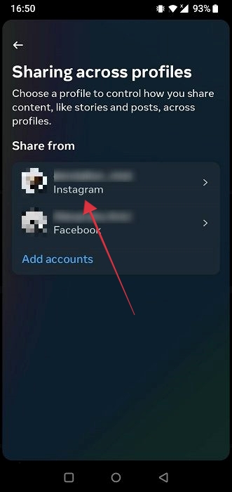 Selecting Instagram account after linking it with Facebook.