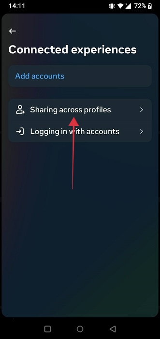 Opting for "Sharing across profiles" option in Instagram app for Android.