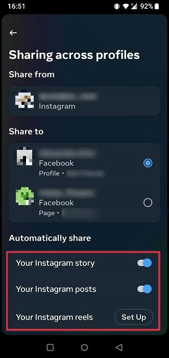 Enabling "Automatically share options from Instagram to Facebook. 