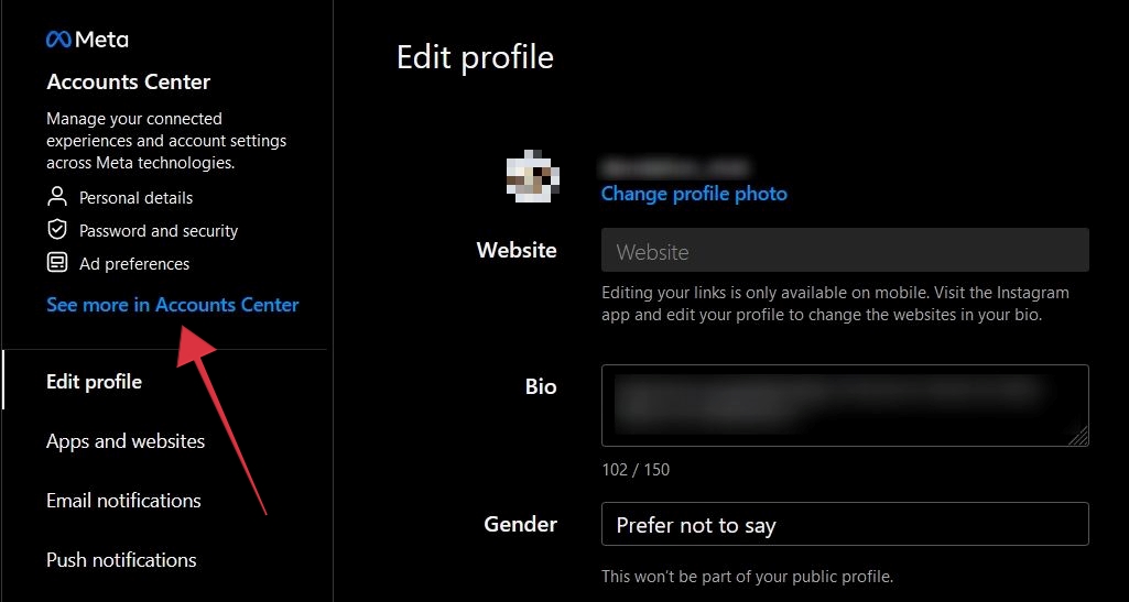 Clicking on "See more in Accounts Center" option in web Instagram. 