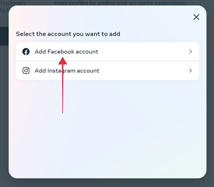 Clicking on "Add Facebook account" in web version of Instagram.  