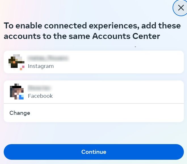 Clicking "Continue" button to link Instagram and Facebook accounts together.