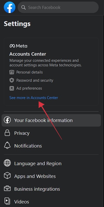 Clicking on "See more in Accounts Center" via Facebook on PC.