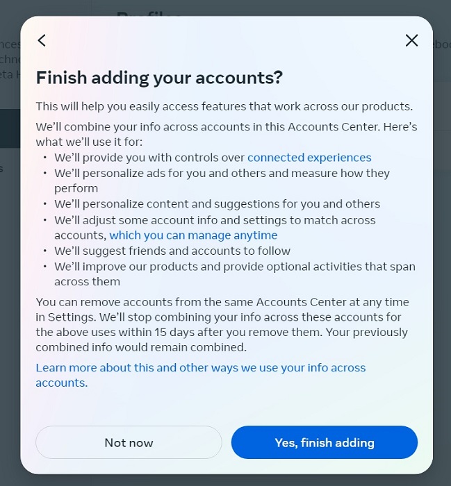 Clicking "Yes, finish adding" button to complete Instagram and Facebook interlinking. 