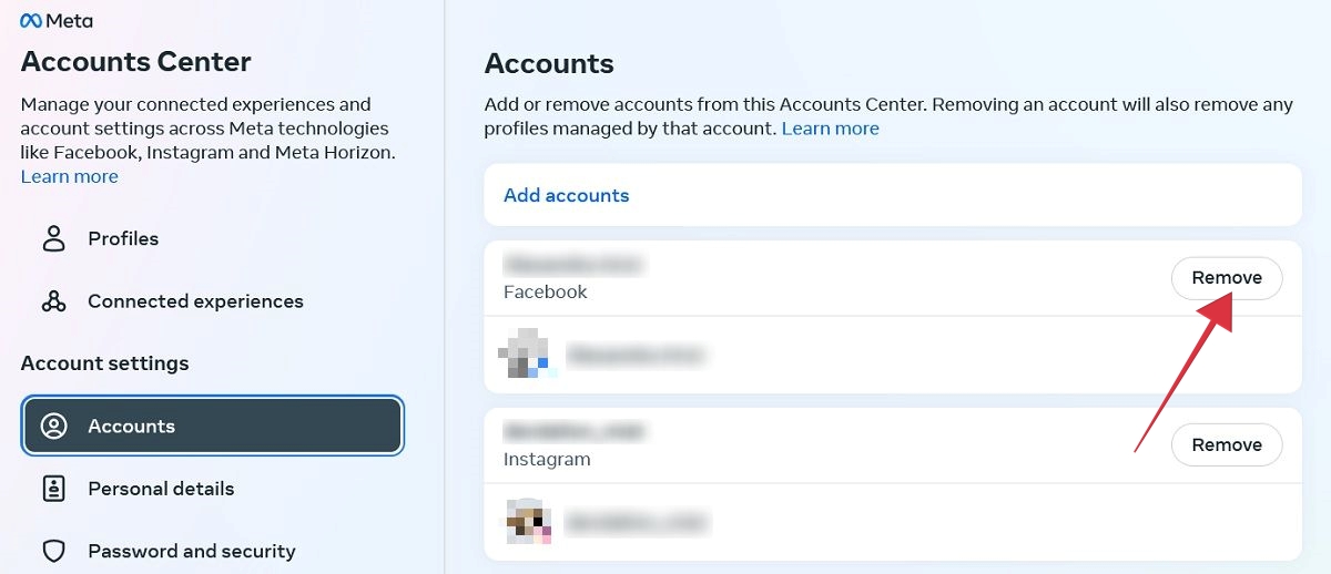 Clicking on "Remove" button to remove Facebook account from Instagram on web.