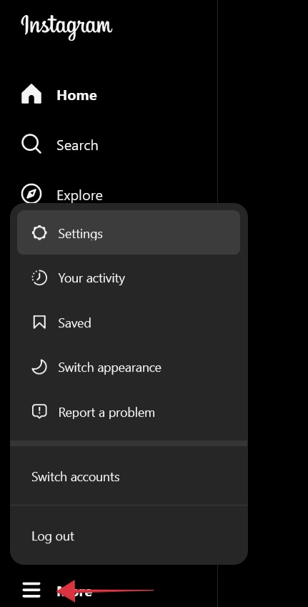 Clicking on "Settings' option under More menu in web Instagram.