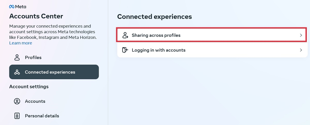 Clicking on "Sharing across profiles" to automatically share from Instagram to Facebook. 