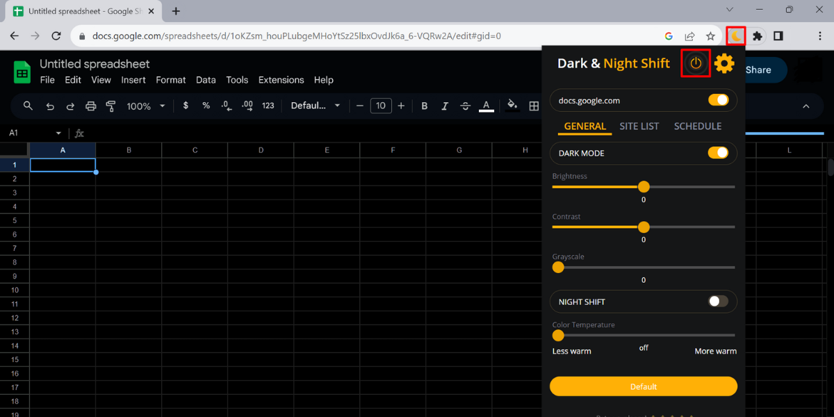 Google Sheets dark mode extension enabled. 