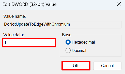 Setting a new value for DWORD value in Registry Editor.
