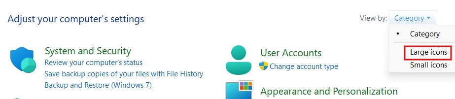 Selecting "Large icons" in "View by" drop-down box in Control Panel. 