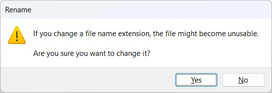Warning about changing file extensions on Windows.