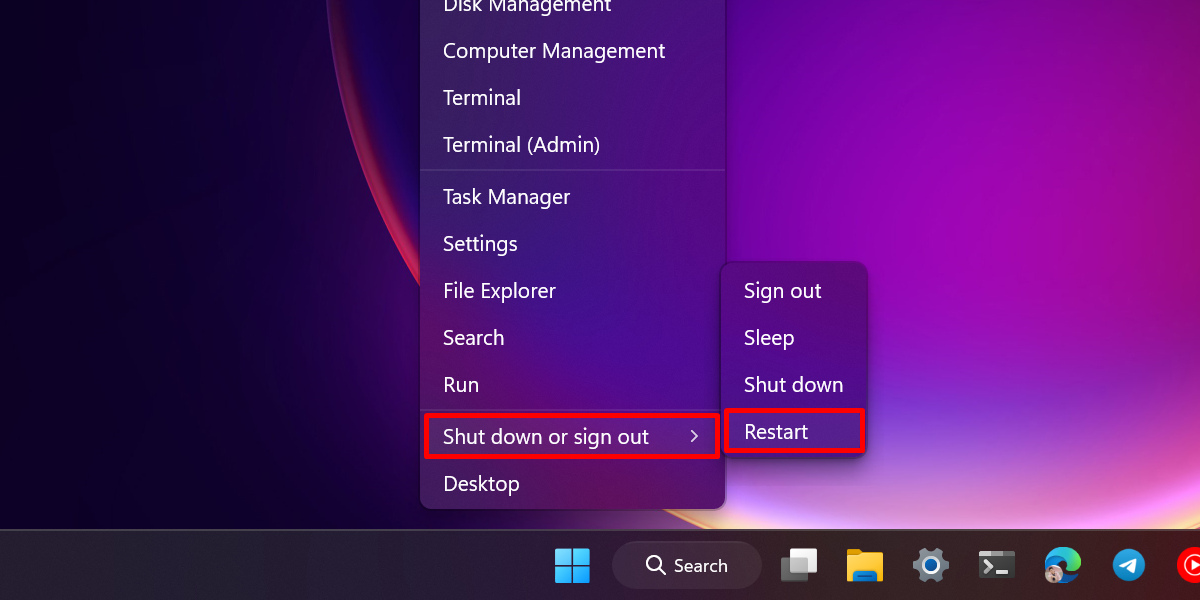 Clicking on "Restart" from the "Shutdown or sign out" option in WinX menu.