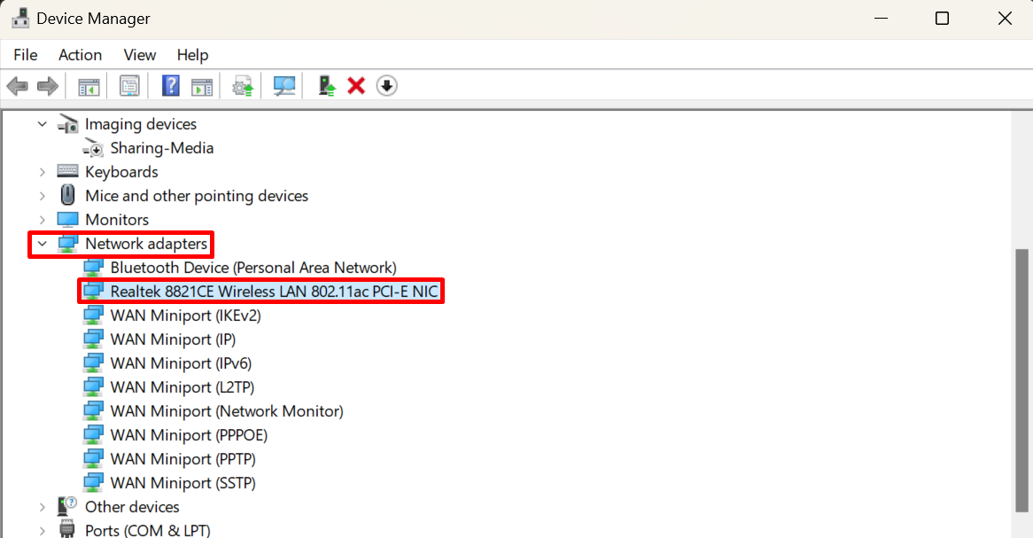 List of network adapters in the Device Manager.