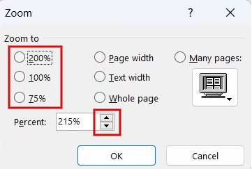 Click up/down arrow in Percent drop down box to adjust zoom level