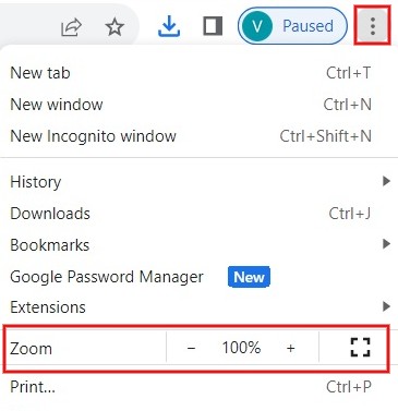 "Zoom" option visible in Chrome browser.