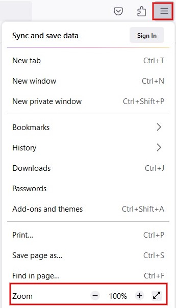 "Zoom" option visible in Firefox browser.
