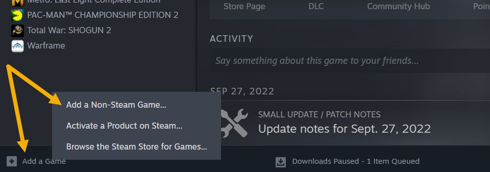 Clicking on "Add a Game" option in Steam client for Windows. 